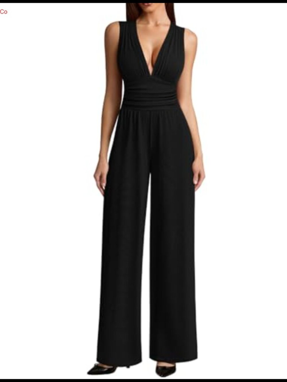 Sleeveless Deep V Neck Ruched Wide Leg Jumpsuit Side Pockets